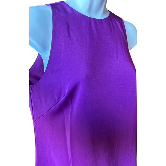 Mac Duggal Ieena Feathered Hem High Neck Sleeveless A-Line Dress Purple Satin 6 - Picture 11 of 13
